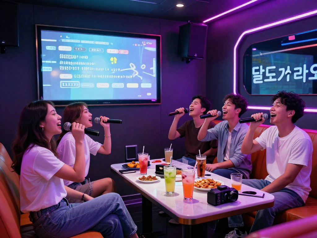 달토 가라오케에서 친구들과 함께 즐거운 노래 시간을 보내는 장면, 밝은 네온 조명과 음료 옵션을 갖춘 사적 공간