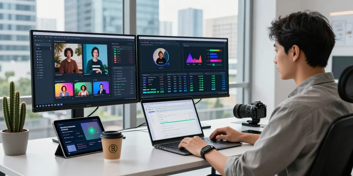 AI image detector workspace with data analyst using advanced AI moderation tools and dual monitors