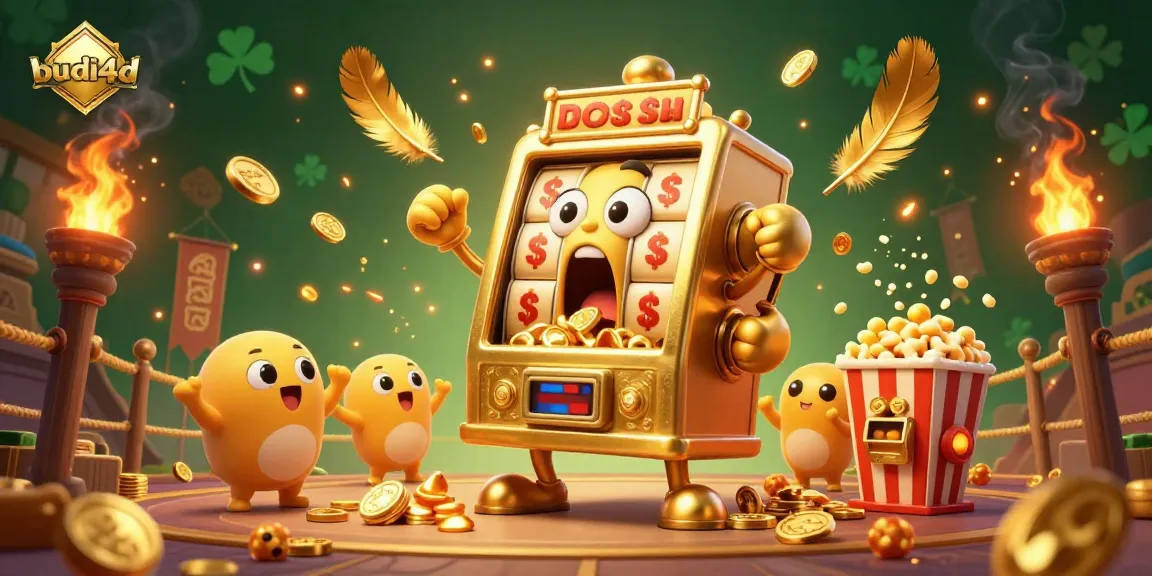 Spin and win big with budi4d in a vibrant casino scene featuring a golden slot machine in full action.
