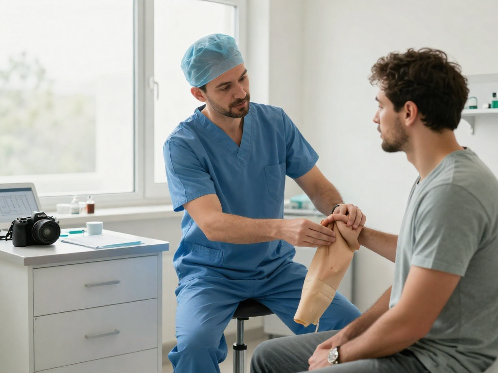 Bel fıtığı ameliyatı consultation with a surgeon in a bright clinic environment.