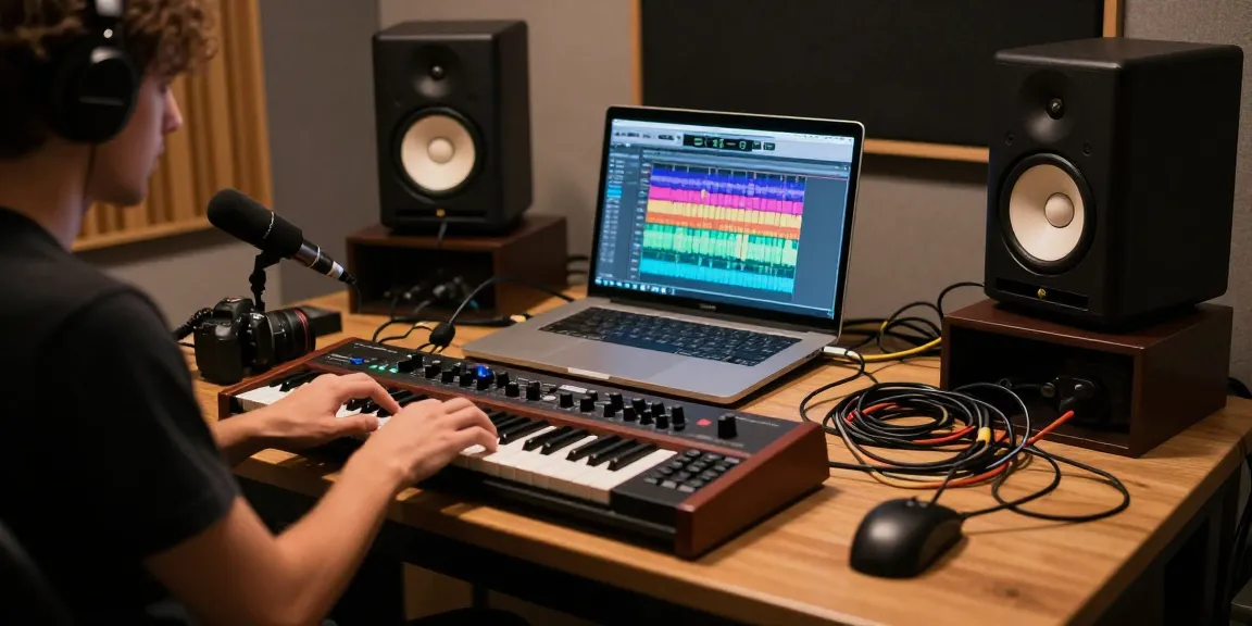 Musician using SC88 sound module in a vibrant music production studio with laptop and equipment.