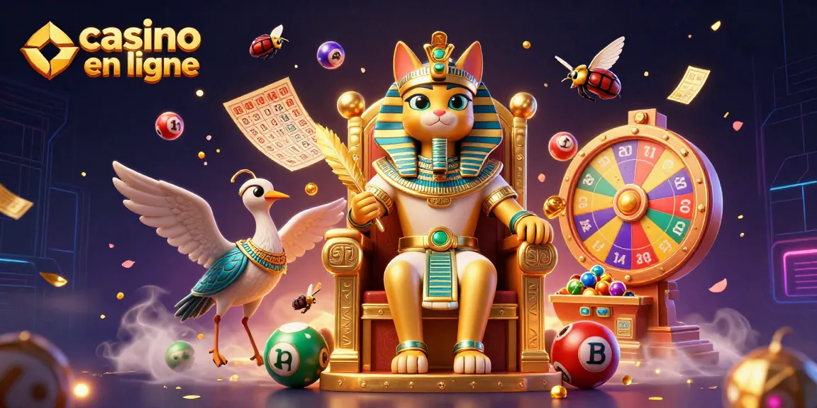 Plongez dans le monde du casino en ligne avec un chat pharaon égyptien et des éléments de jeu colorés.