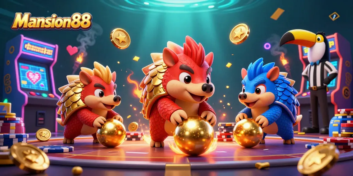 Mansion88 pangolins competing in a vibrant casino scene, rolling poker chips and colorful game machines.