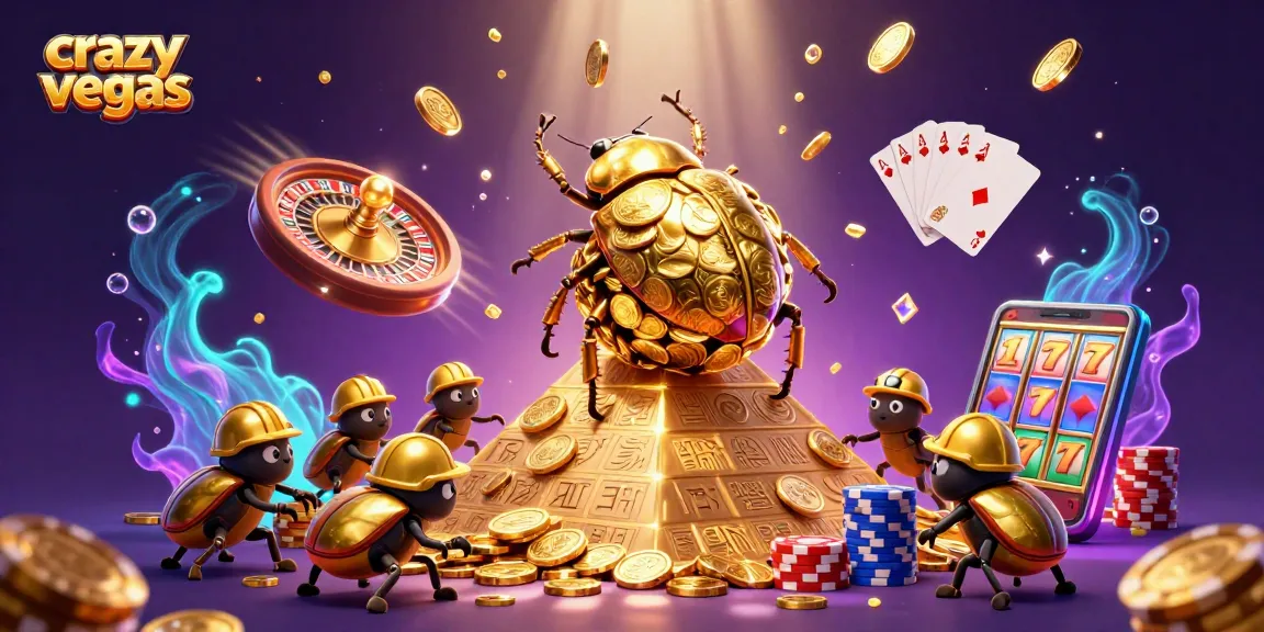 Cascading golden coins and beetles symbolize winning strategies at crazyvegas online casinos.