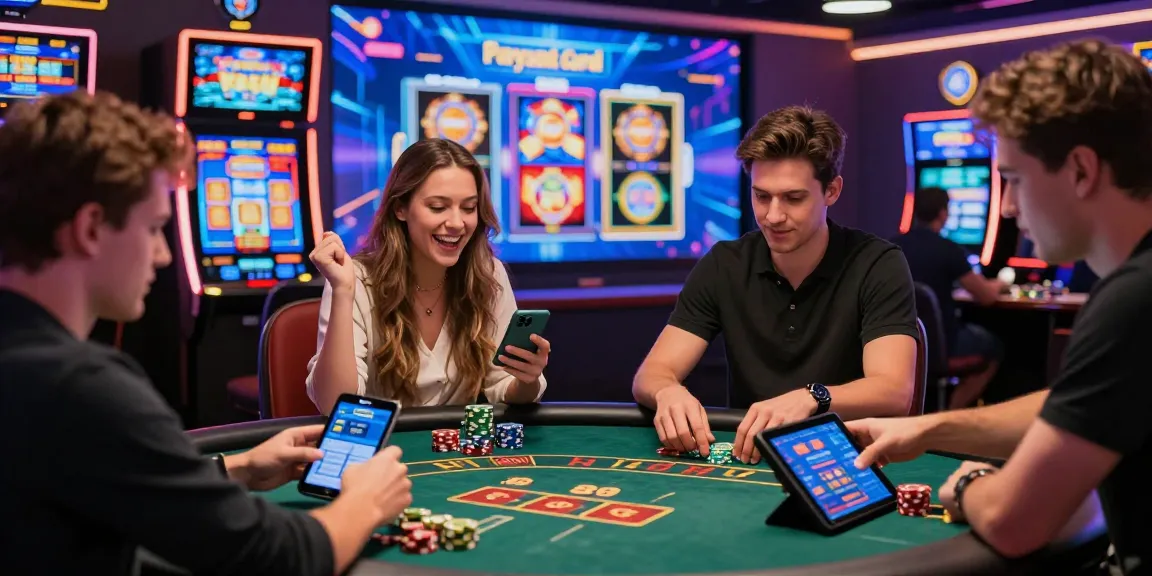 Paysafe Card Casino-Szene mit Spielern, die Spiele genießen und Gewinne feiern, zeigt eine lebendige Casino-Atmosphäre.