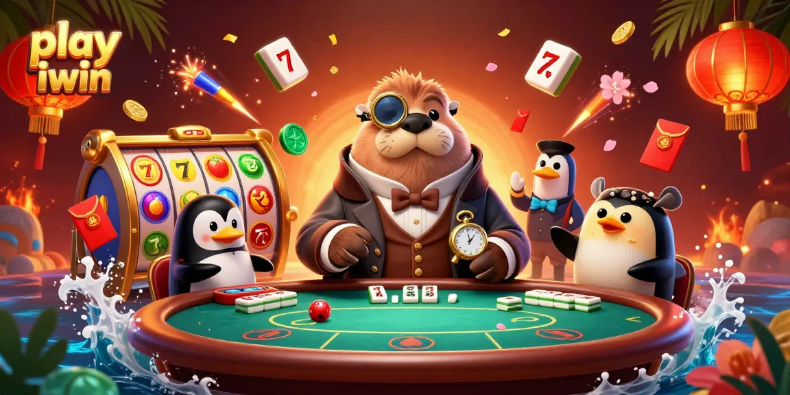 Play iwin with a jolly walrus, poker dealer, and colorful slot game elements in vibrant casino scene
