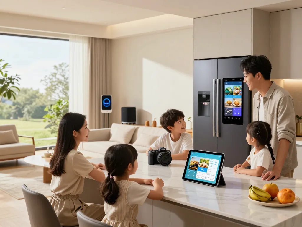 Engaging family scene with modern tech gadgets for home, featuring a smart kitchen and interactive surfaces.