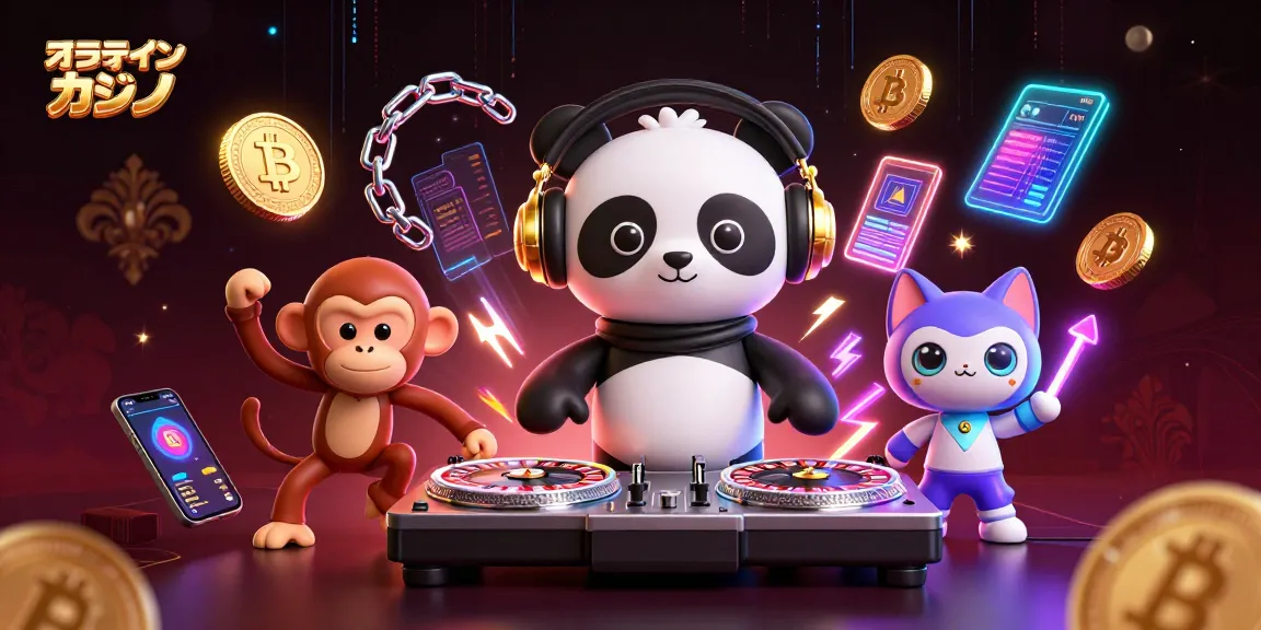 オンラインカジノの活気あるシーンでDJパンダがルーレットホイールを回し、ダンスフロアで踊るサルと glow-stickを持った子猫が楽しんでいます。