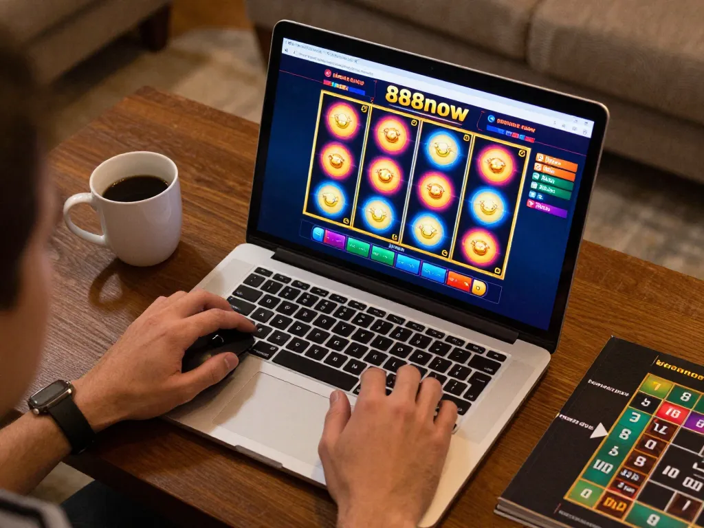 Experience thrilling slots gameplay with 888now in a cozy home setting, showcasing strategic betting.