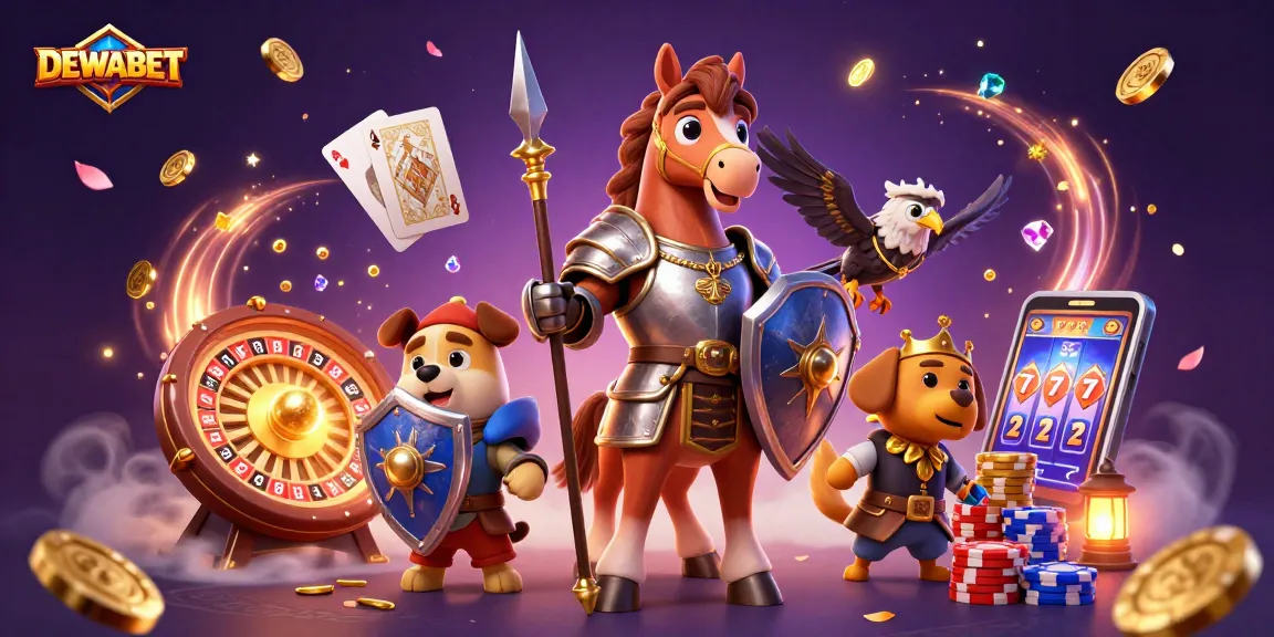 DEWABET illuminates a dynamic scene with 3D characters, cascading coins, and vibrant casino elements.