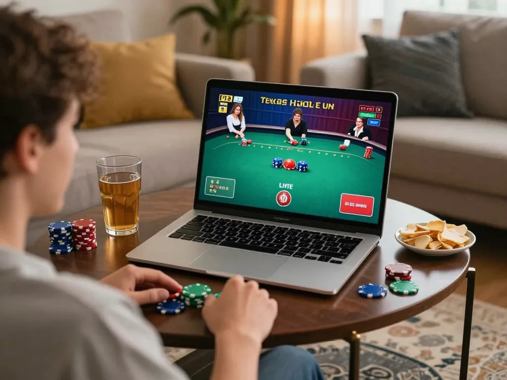 Player engaged in online poker at home, showcasing exciting kim99 live gameplay.
