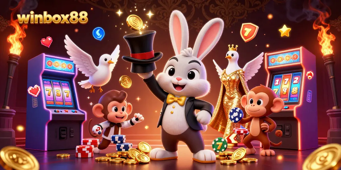 Winbox88 showcases a 3D cartoon magician rabbit with coins, dove, and monkey in a vibrant casino scene.