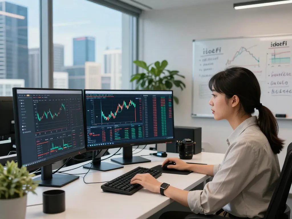 Dynamic iodefi cryptocurrency trading office with analysts monitoring market trends and performance.