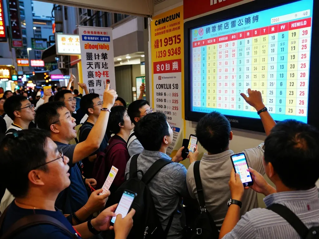 Excited players watching Hongkong Lotto live draw results in a vibrant urban setting.