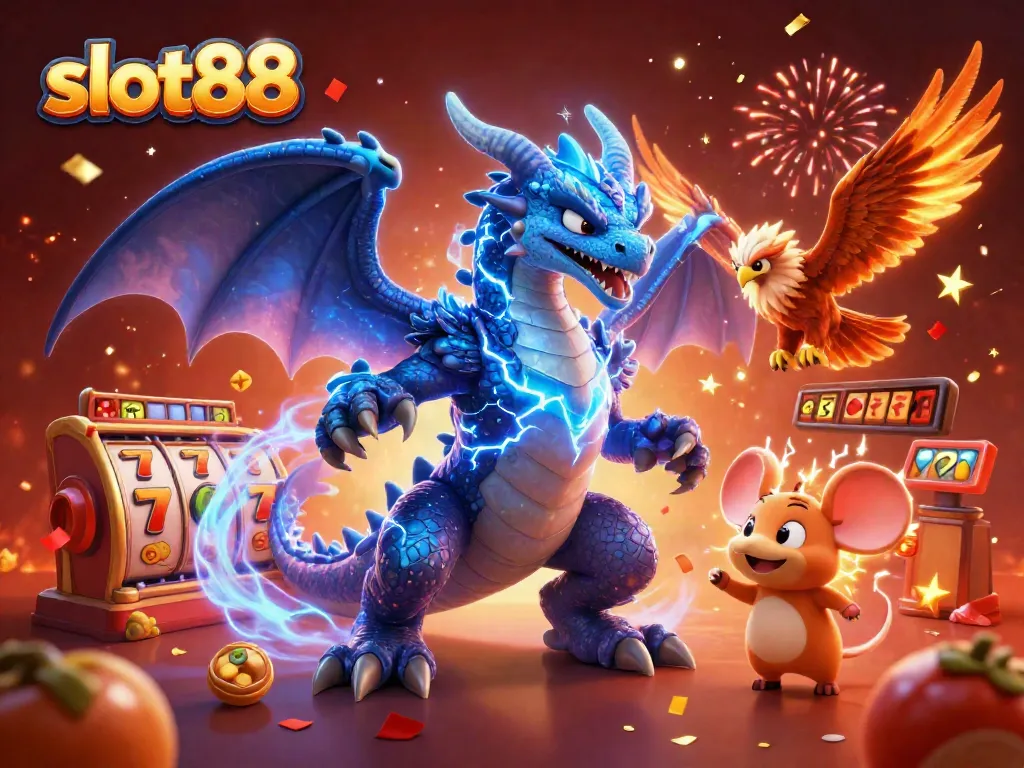Experience the thrill of slot88 with a vibrant and dynamic gaming scene featuring dragons and jackpot elements.