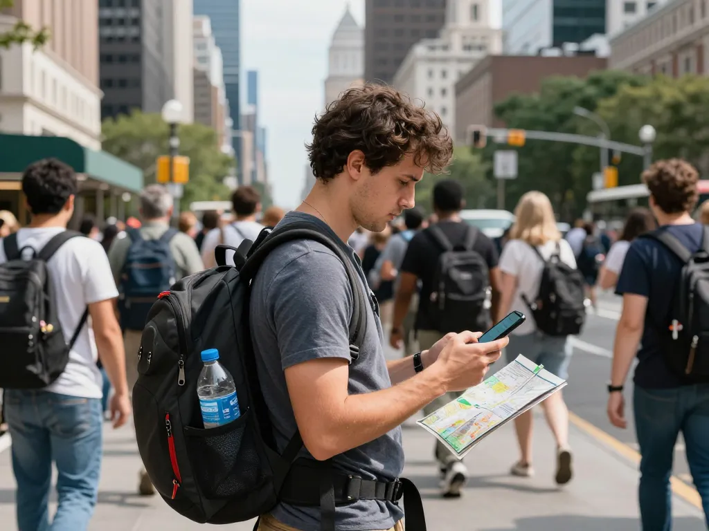 Traveler checking smartphone during a Global Security Alert in busy urban environment, emphasizing safety and preparedness.