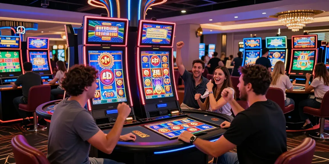 Friends celebrating a big win at a vibrant slot machine in a bustling casino.