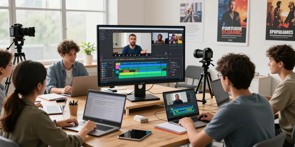 Students engaging in an online video production certification course, collaborating with editing software in a modern workspace.