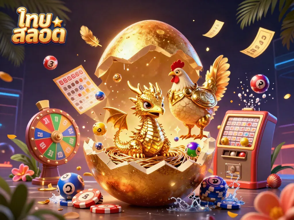 Engage in ไทย สล็อต with a golden dragon guarding poker chips, amidst a dynamic lottery scene.