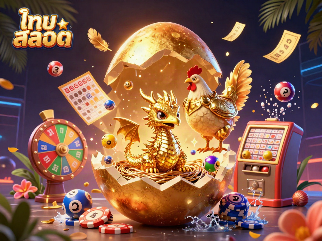 Engage in ไทย สล็อต with a golden dragon guarding poker chips, amidst a dynamic lottery scene.
