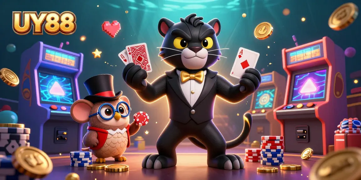 Engage with UY88's lively casino scene featuring a stylish panther dealer, owl, and lucky mouse.