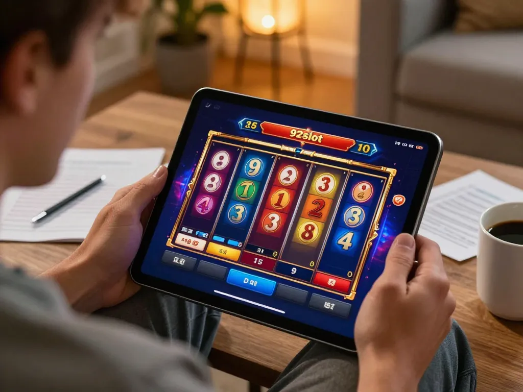 Engaging with 92slot app at home, focusing on vibrant slot game interface and responsible gaming.