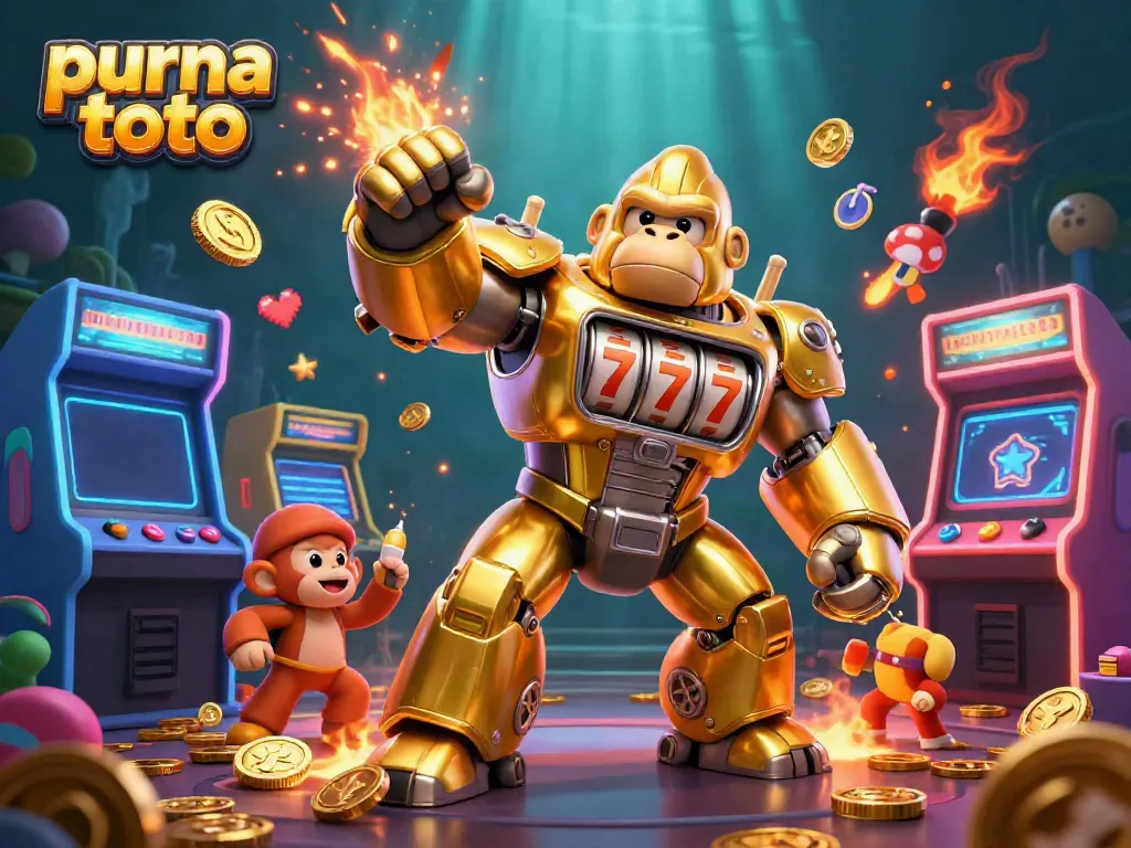 Permainan slot gacor "purna toto" dengan karakter gorila robot yang memukau dan koin berjatuhan.