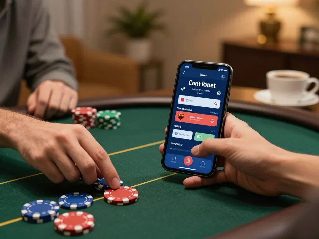 Player enjoying nk88 online poker, strategically placing bets on mobile device in cozy home setting.