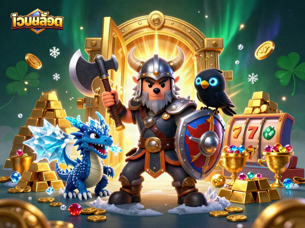 Spin and win big with เว็บสล็อต featuring a heroic Viking warrior, dragon, and treasure in a vibrant casino scene.