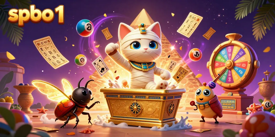 Engage with spbo 1 through a vibrant 3D illustration of a mummy cat and treasures in a casino.