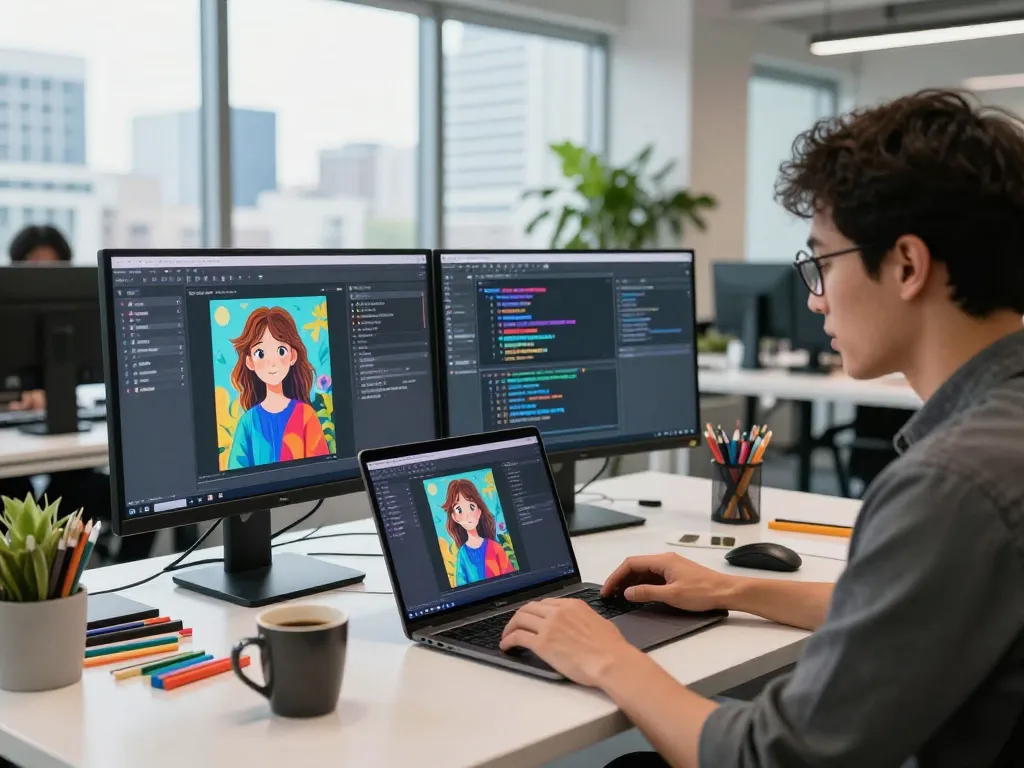 Engaged user utilizing the image to prompt generator, showcasing vibrant workspace with dual screens and AI visuals.