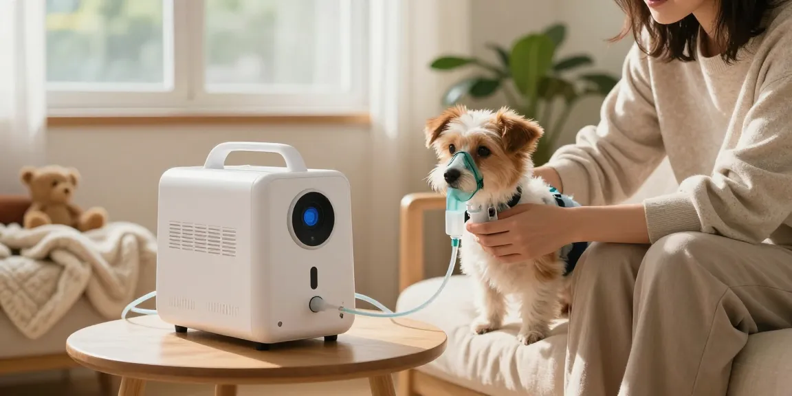Owner helping their pet breathe easier with PetAir oxygen therapy equipment in a cozy home setting.