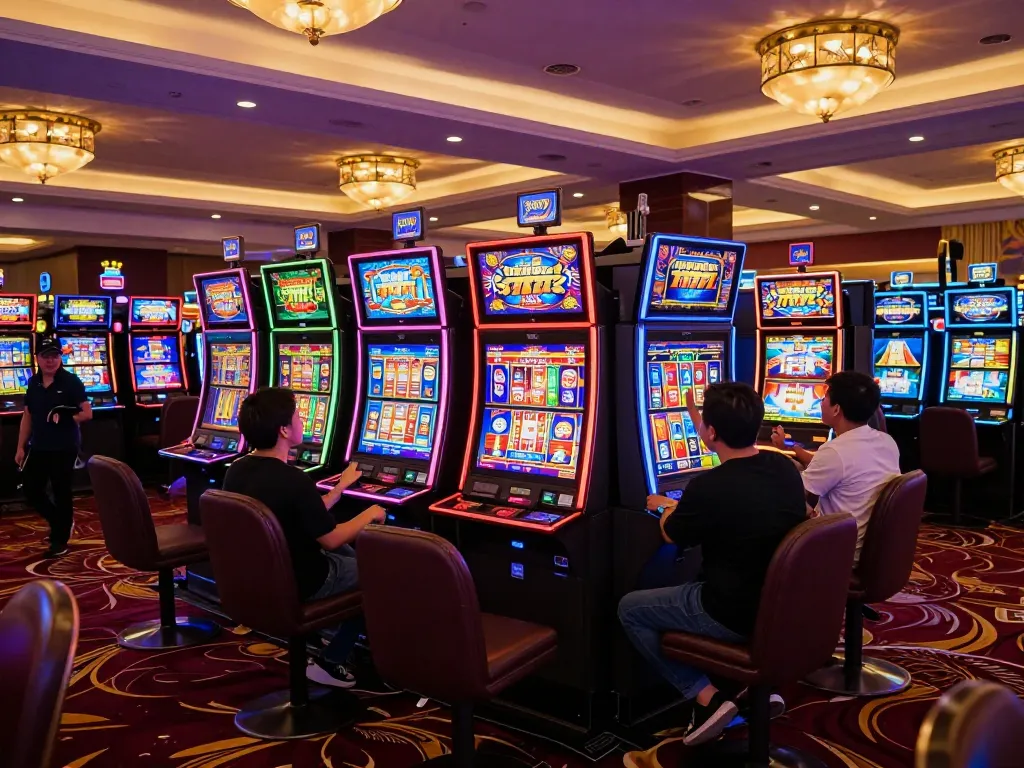 Players experiencing excitement at slot gacor 777 machines with vibrant lights and cheers.