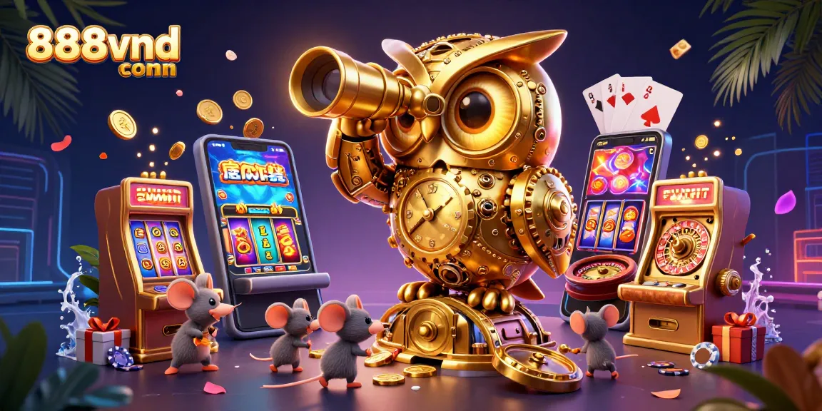 Engage with the vibrant world of 888vnd com featuring a golden owl and lively game elements.