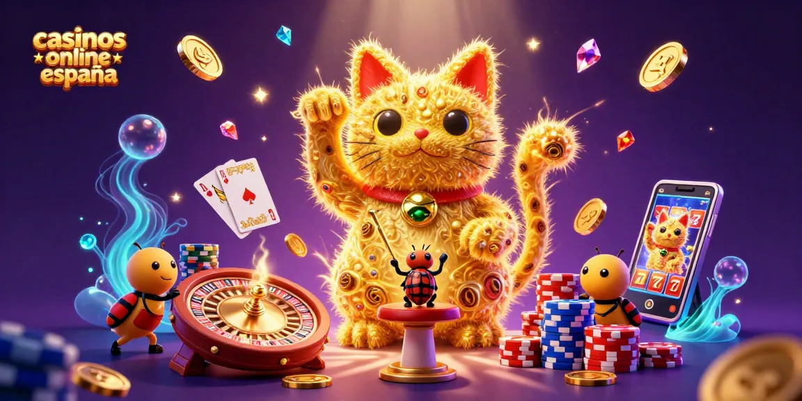 Una escena vibrante de casinos online en España con un gato de la suerte y símbolos de juego.