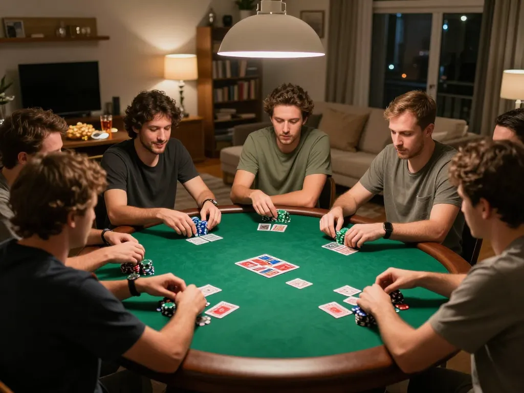 g28 players engaging in a lively poker night with chips and cards on a green felt table