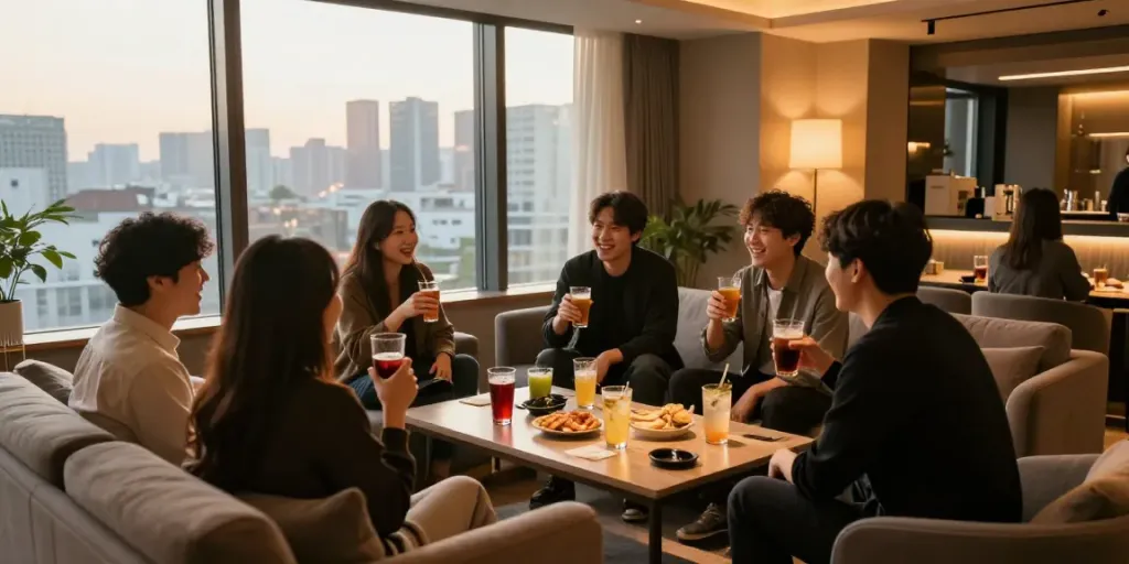 강남 구구단의 세련된 독립 룸에서 대화와 음료를 즐기는 모습