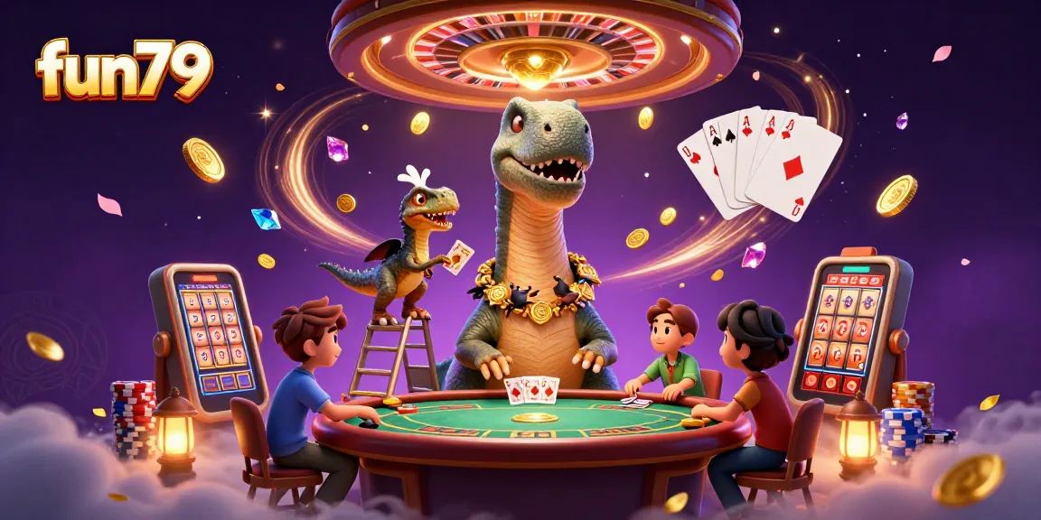 Experience the excitement at fun79 with vibrant casino scenes featuring a dinosaur and card game action.