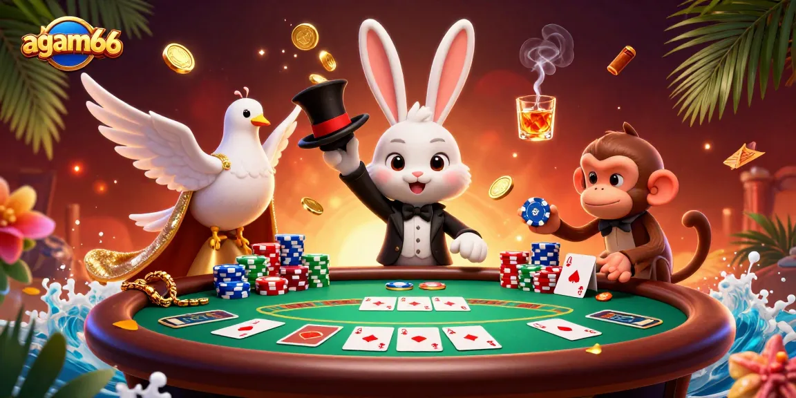 Win big at agam66 with a magician rabbit pulling gold coins and poker chips in a thrilling casino scene.
