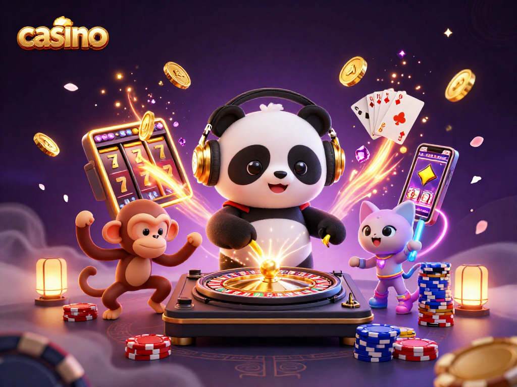 Cascade of golden coins flying in a vibrant casino scene with a DJ panda spinning on roulette wheels.