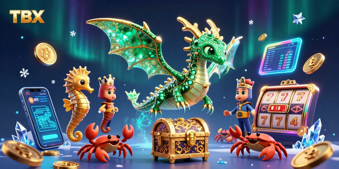 Experience TBX with a vibrant digital casino scene featuring a treasure-chest carrying sea dragon amidst crypto coin elements.