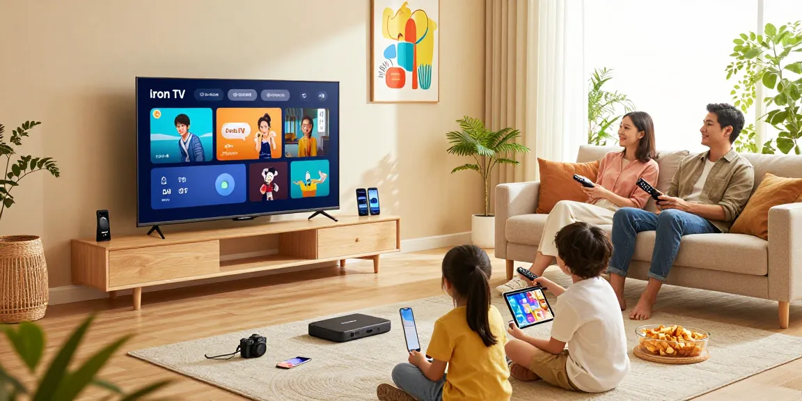 Family enjoying Iron TV streaming on a Smart TV in a cozy living room.