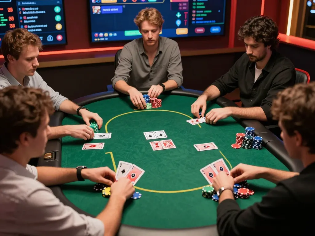 O8 players engaging in intense poker strategy, showcasing vibrant online gaming atmosphere with high stakes.