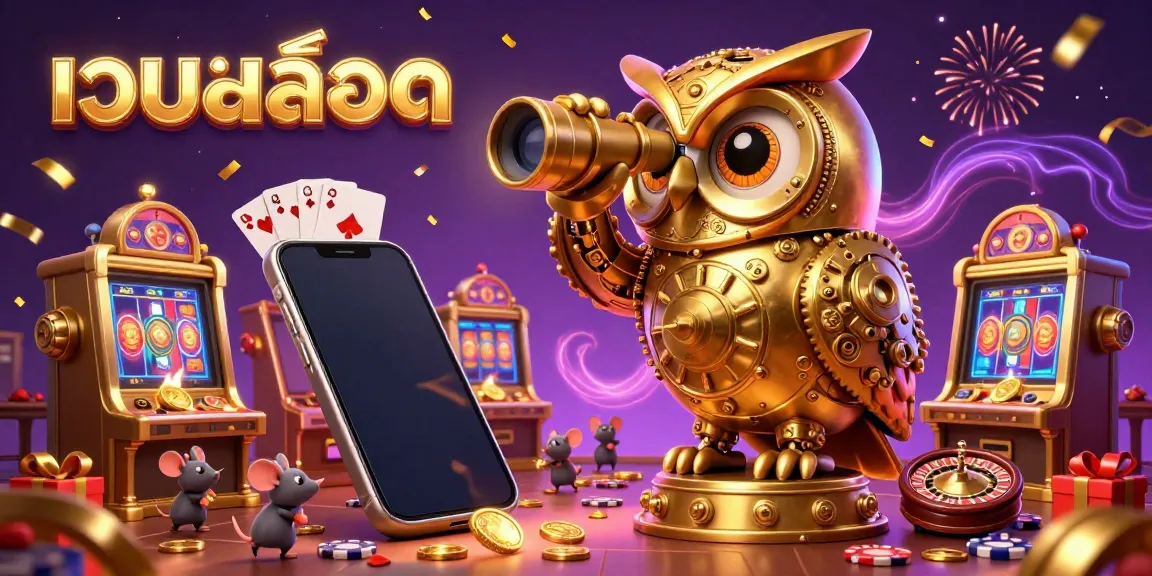 Experience thrilling gaming at เว็บสล็อต with 3D owl and slots in an energetic casino scene.