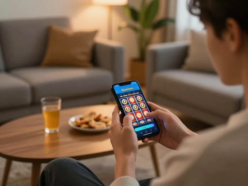 Engaging with the slot gacor maxwin app on a smartphone in a cozy home setting.