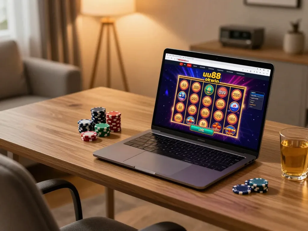 Person engaging with the uu88 okwin online casino platform on a sleek laptop, surrounded by gaming accessories.