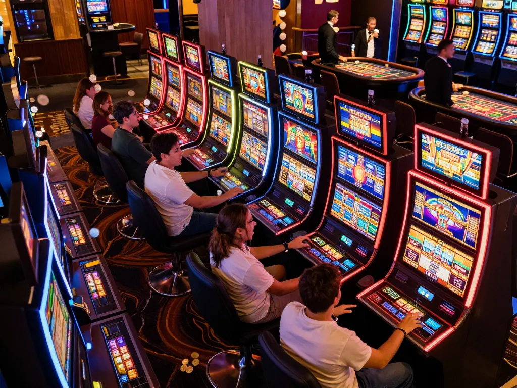 Players enjoy thrilling gaming experiences at the 789win link casino, surrounded by colorful slot machines.