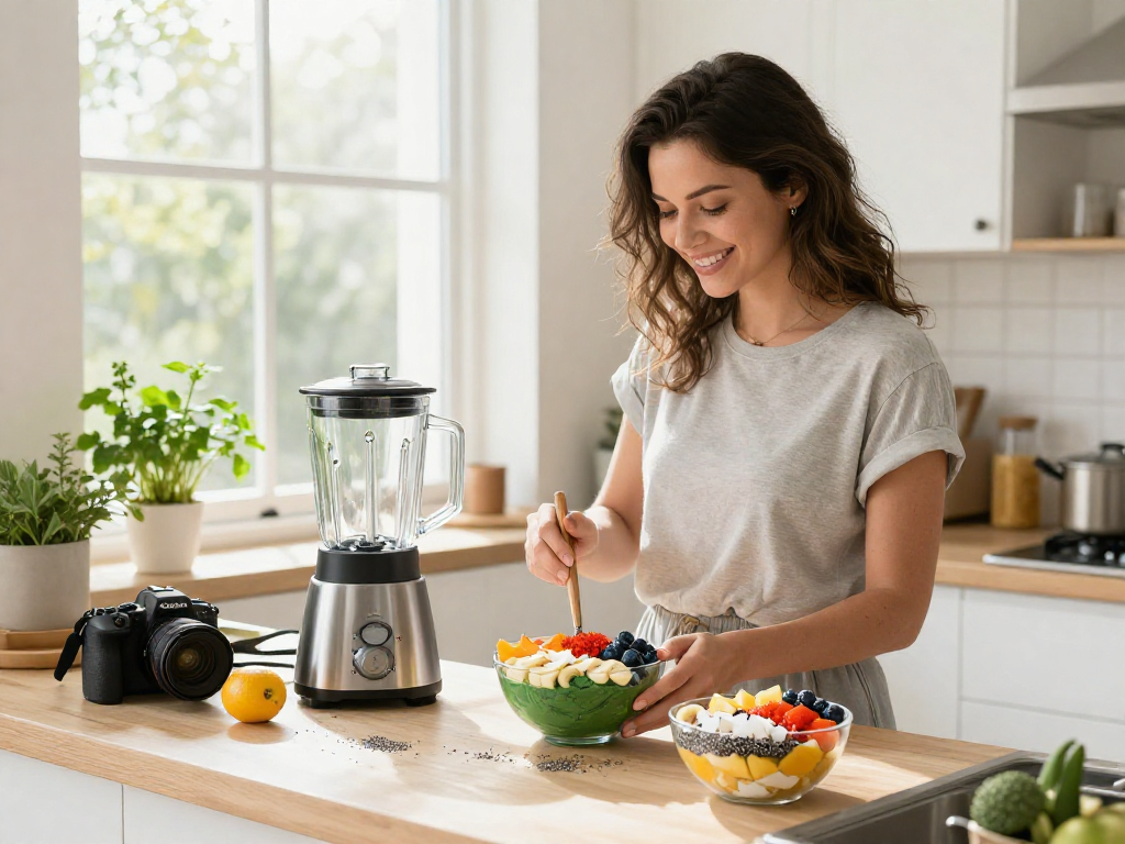 Preparing a smoothie bowl with natural astaxanthin-rich ingredients in a bright kitchen.