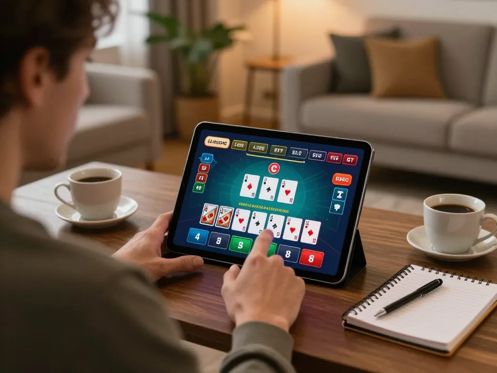 Player using 555win com for blackjack strategy in a cozy home setting, showcasing responsible gaming