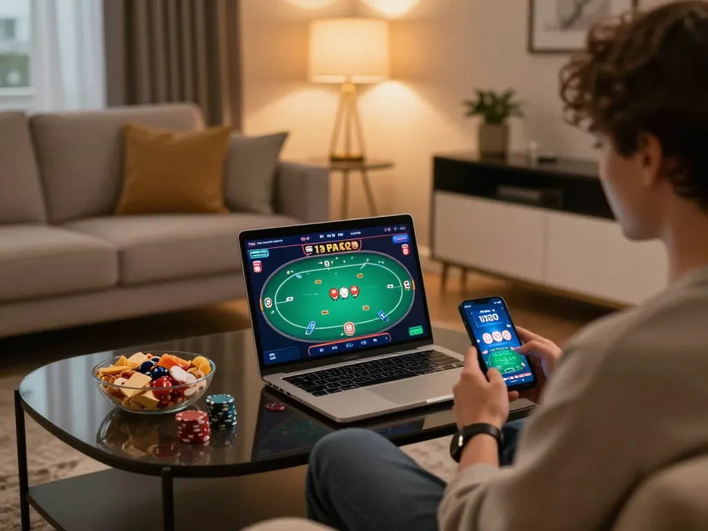 Player enjoying online gaming at home with 678vip on laptop, snacks around.